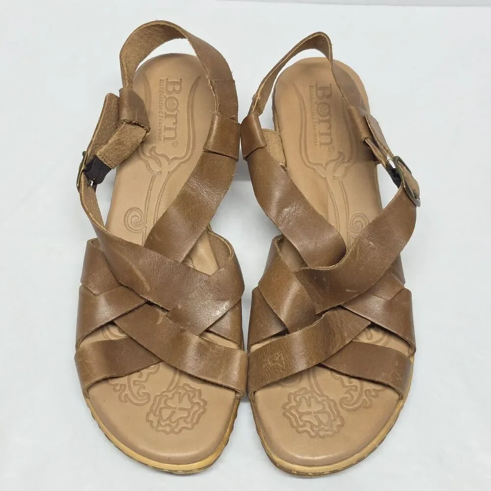Womens Born Brown Leather Strappy Wedge Heeled Comfort Sandals Size 11 M/W